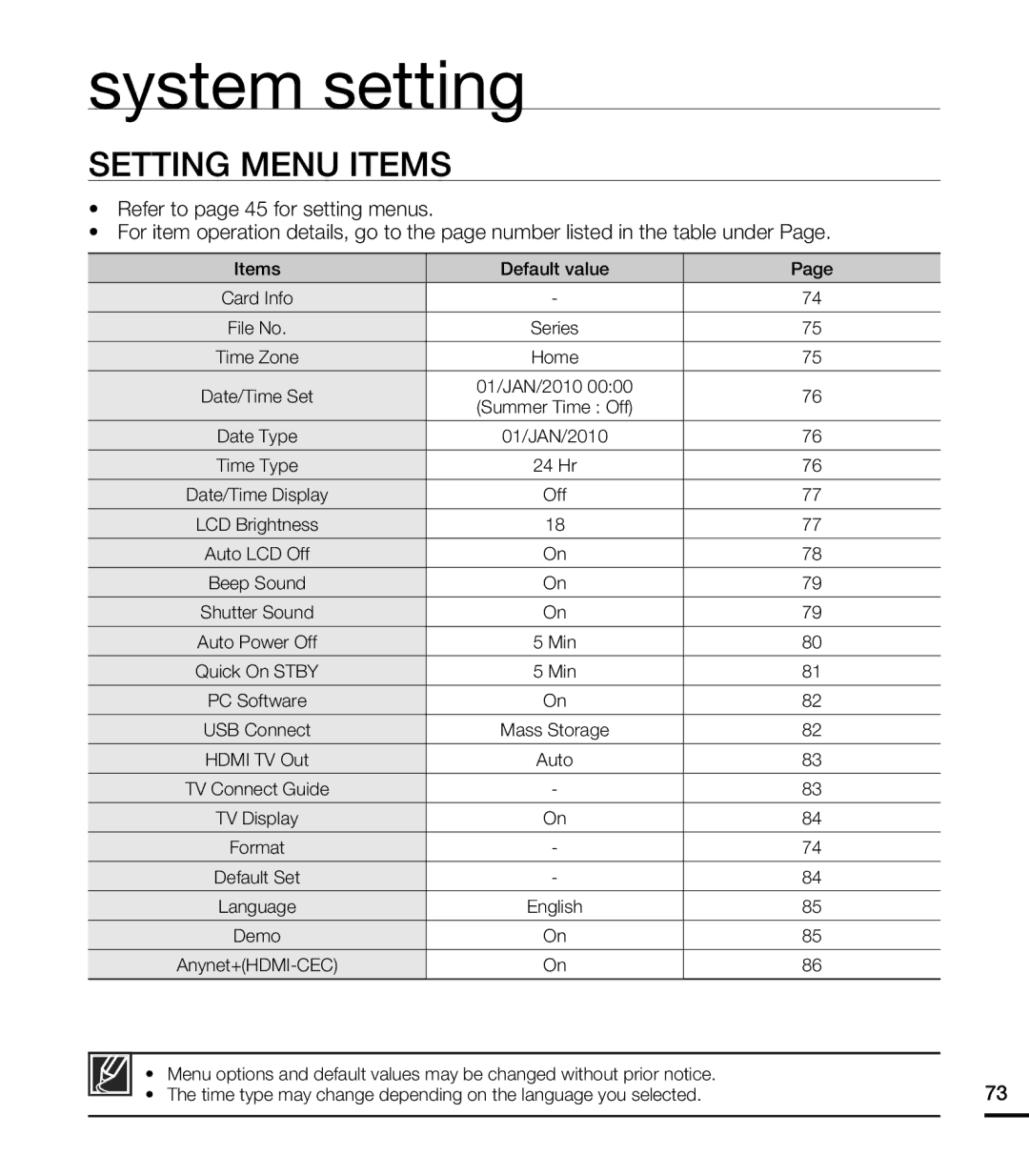 Samsung HMX-T10WP/XER, HMX-T10WP/EDC, HMX-T10OP/EDC, HMX-T10WP/XEU, HMX-T10BP/EDC manual System setting, Setting Menu Items 