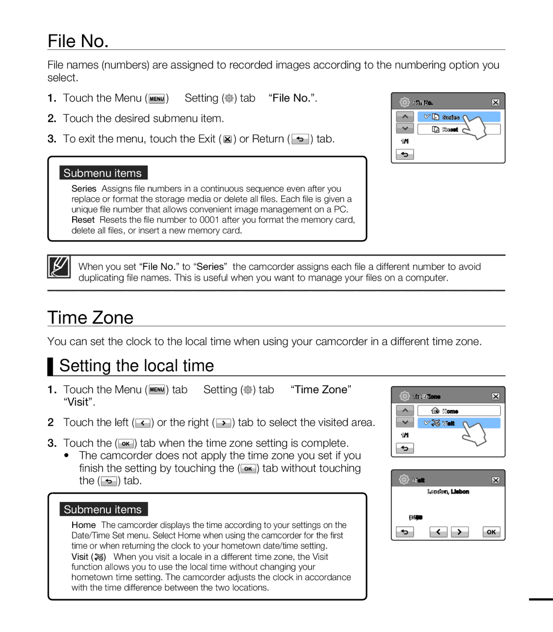 Samsung HMX-T10WP/XIL manual File No, Time Zone, Setting the local time, With the time difference between the two locations 