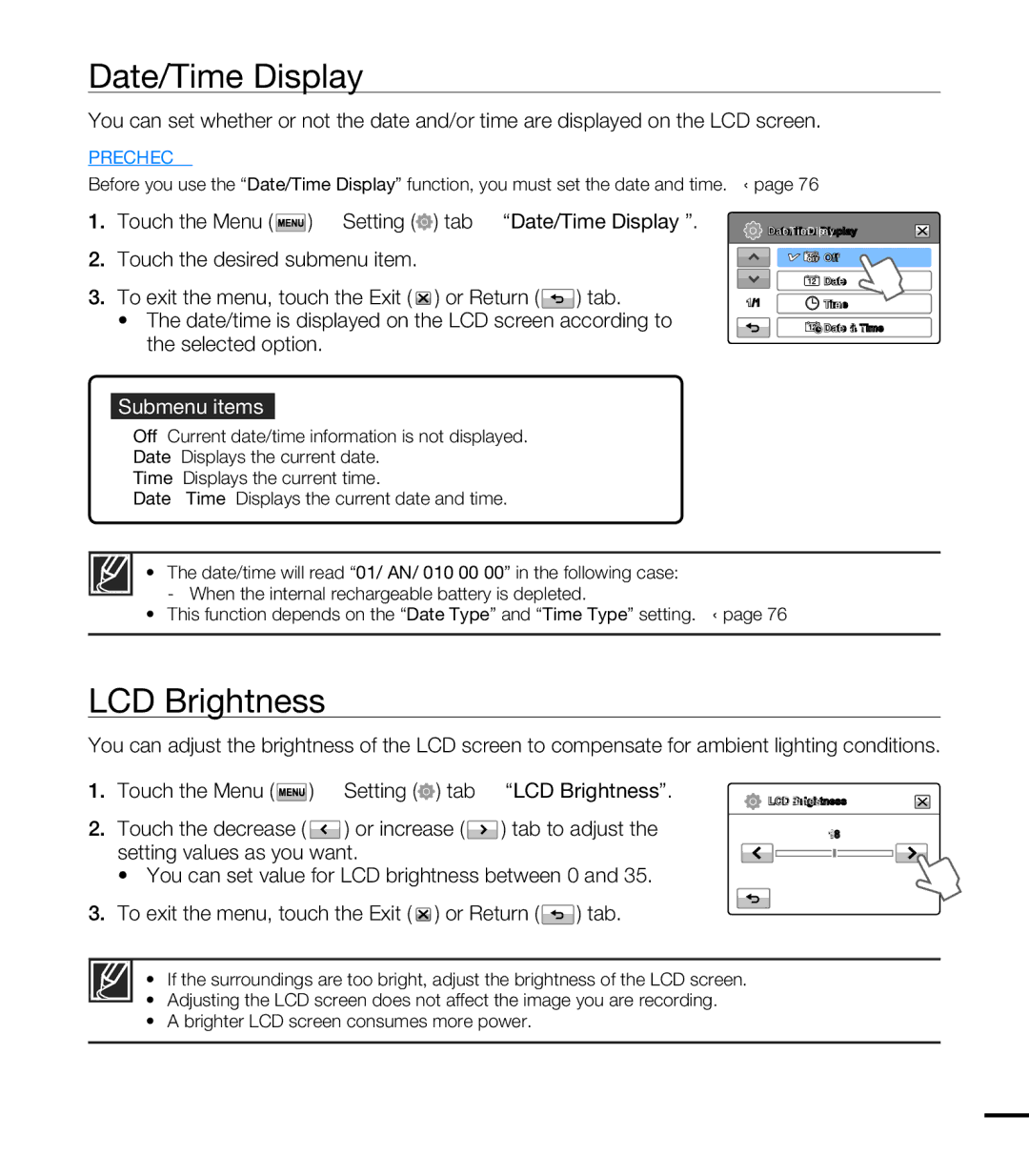 Samsung HMX-T10OP/XIL, HMX-T10WP/EDC, HMX-T10OP/EDC, HMX-T10WP/XEU, HMX-T10BP/EDC manual Date/Time Display, LCD Brightness 