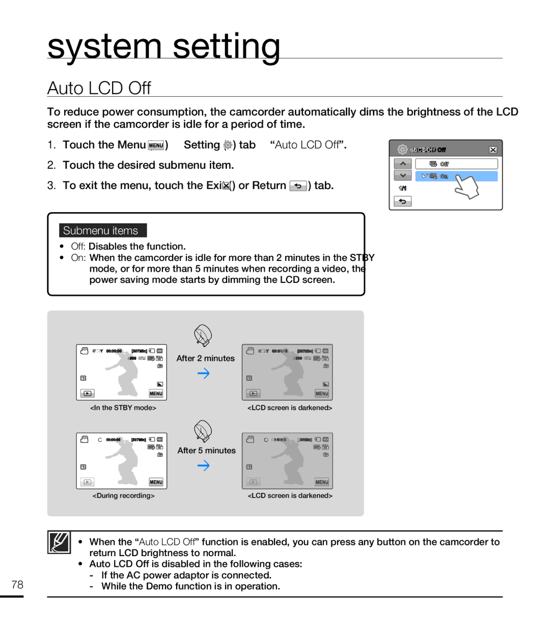 Samsung HMX-T10WP/EDC, HMX-T10OP/EDC manual Auto LCD Off, Off Disables the function, While the Demo function is in operation 