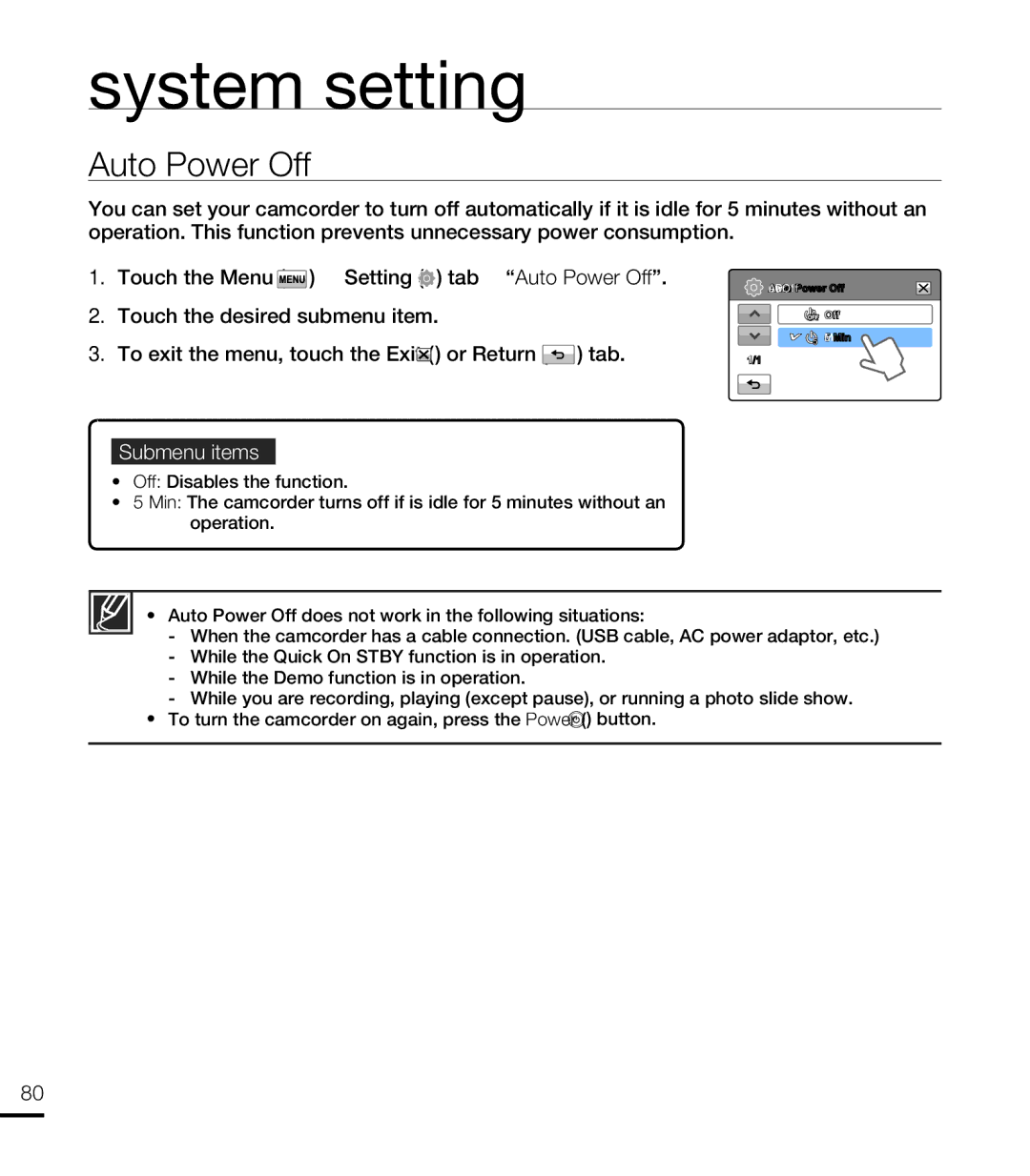 Samsung HMX-T10WP/XEU, HMX-T10WP/EDC, HMX-T10OP/EDC, HMX-T10BP/EDC, HMX-T10BP/MEA, HMX-T10BP/XER, HMX-T10OP/XER Auto Power Off 