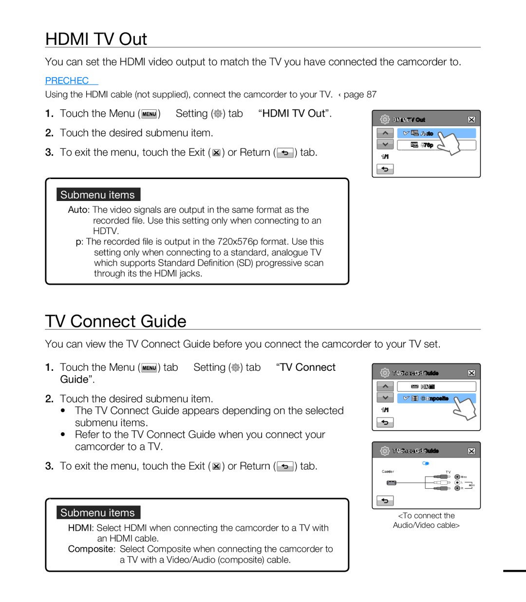 Samsung HMX-T10BP/XER, HMX-T10WP/EDC, HMX-T10OP/EDC manual TV Connect Guide, Touch the Menu Š Setting Tab Š Hdmi TV Out 