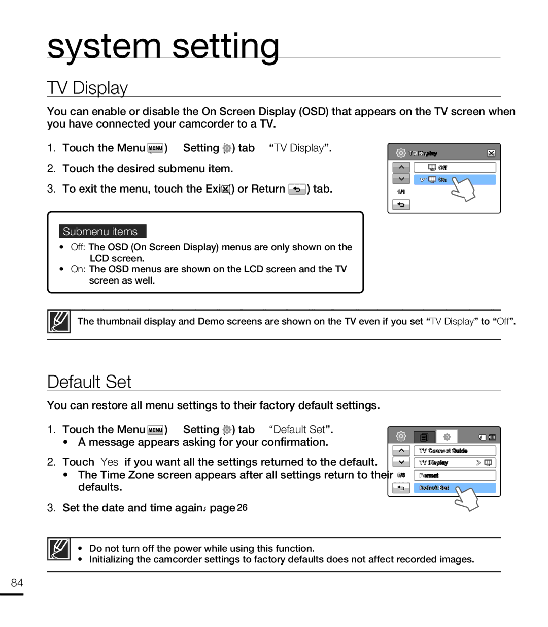 Samsung HMX-T10OP/XER, HMX-T10WP/EDC, HMX-T10OP/EDC, HMX-T10WP/XEU, HMX-T10BP/EDC, HMX-T10BP/MEA manual TV Display, Default Set 