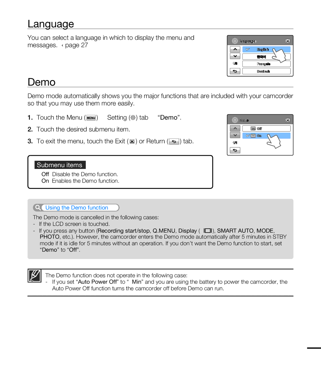 Samsung HMX-T10WP/XER Language, Off Disable the Demo function On Enables the Demo function, Using the Demo function 