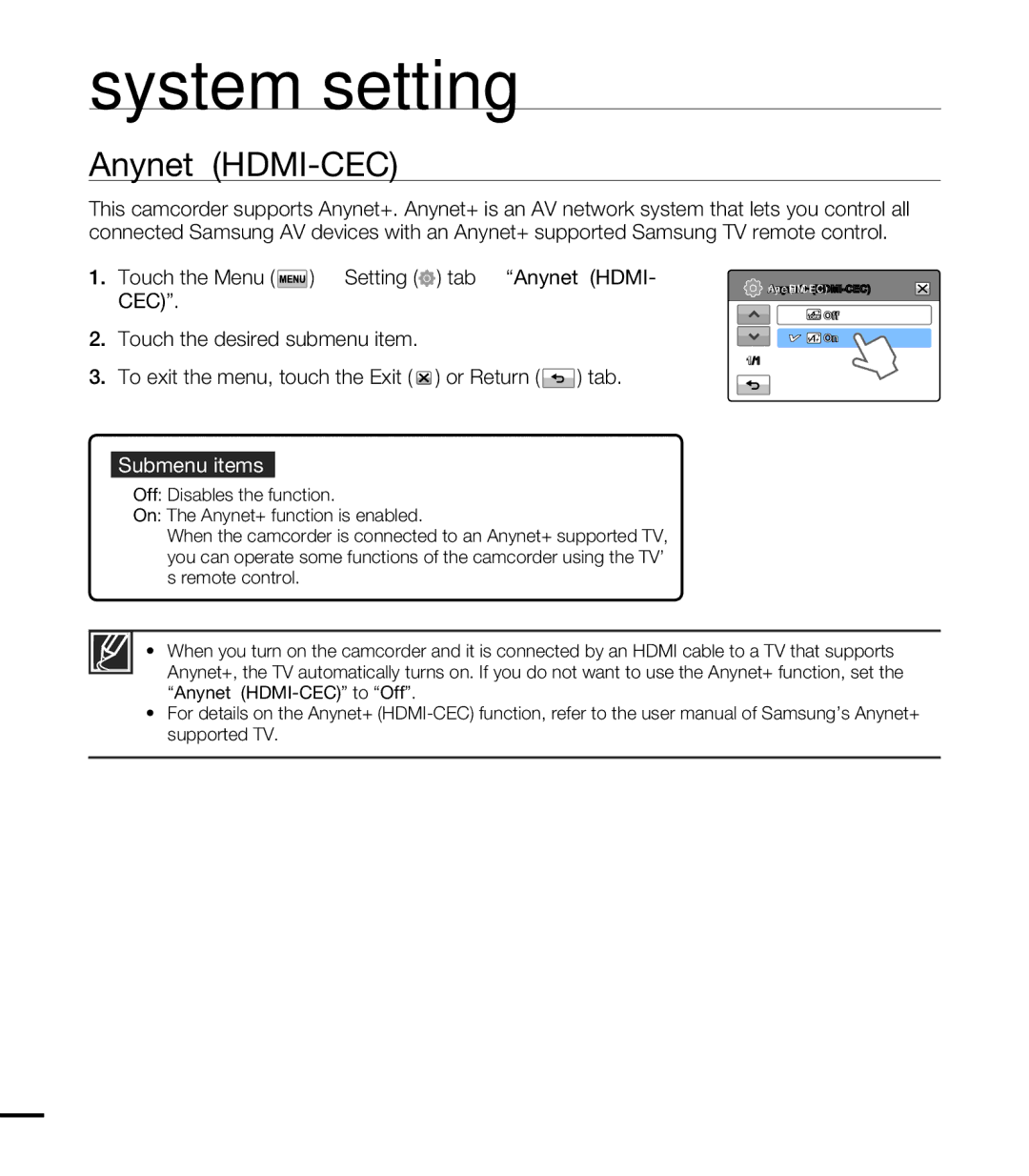 Samsung HMX-T10BP/XIL, HMX-T10WP/EDC, HMX-T10OP/EDC, HMX-T10WP/XEU, HMX-T10BP/EDC, HMX-T10BP/MEA manual Anynet+ HDMI-CEC 