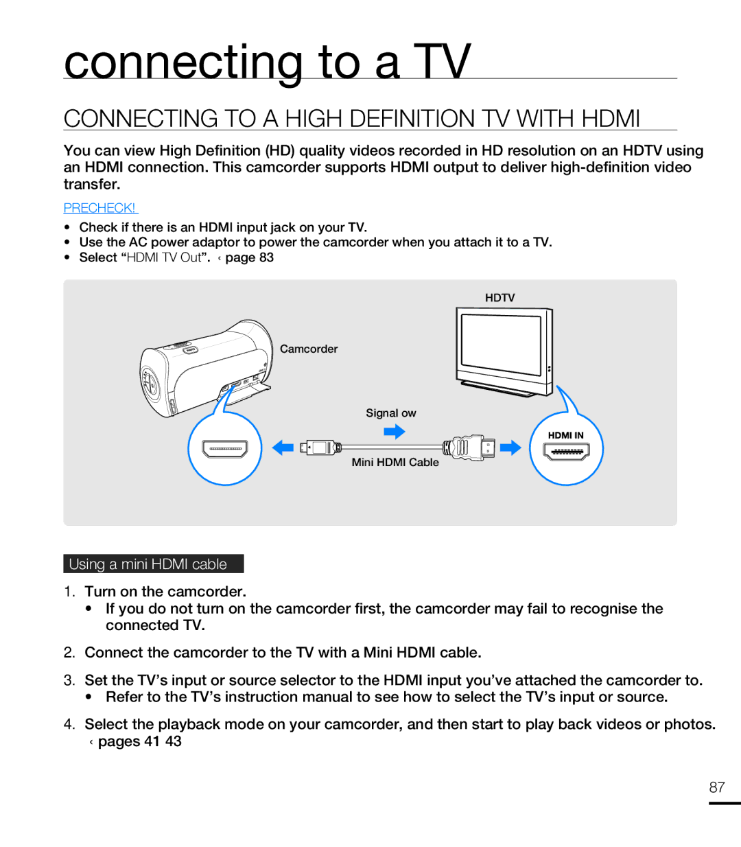 Samsung HMX-T10WP/XIL manual Connecting to a TV, Connecting to a High Definition TV with Hdmi, Using a mini Hdmi cable 