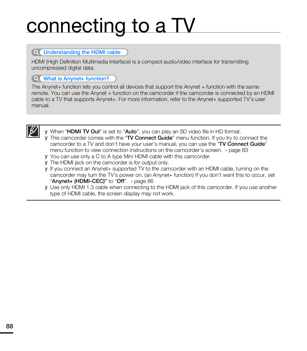 Samsung HMX-T10WP/XTR, HMX-T10WP/EDC, HMX-T10OP/EDC, HMX-T10WP/XEU Understanding the Hdmi cable, What is Anynet+ function? 