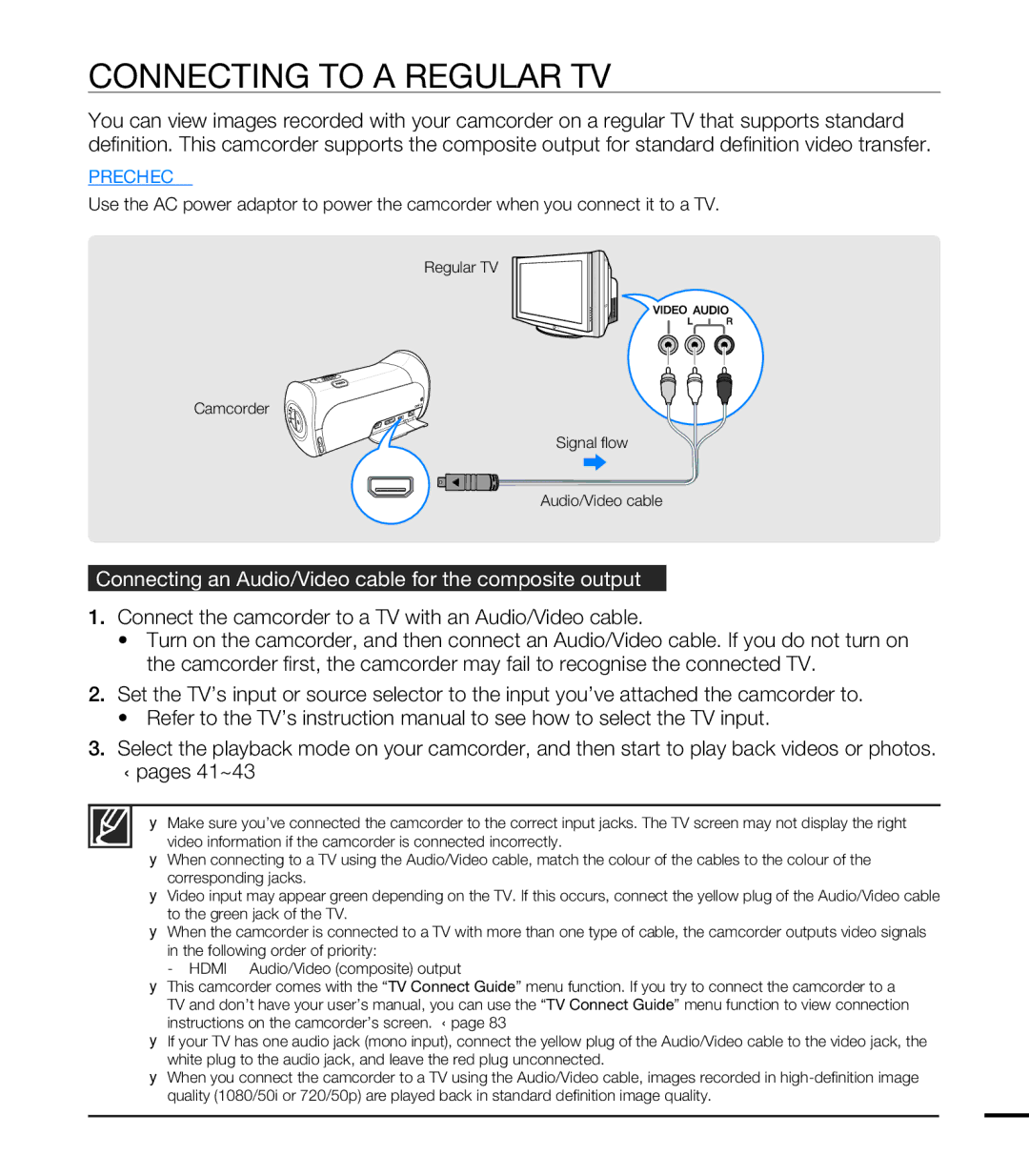 Samsung HMX-T10OP/XIL, HMX-T10WP/EDC Connecting to a Regular TV, Connecting an Audio/Video cable for the composite output 