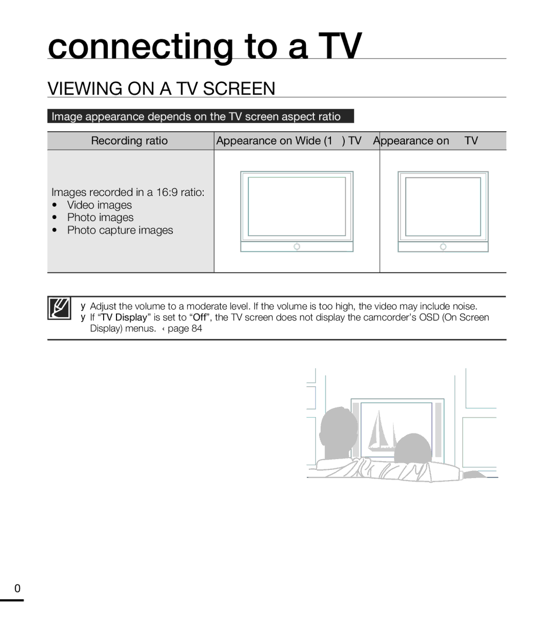 Samsung HMX-T10WP/EDC, HMX-T10OP/EDC manual Viewing on a TV Screen, Image appearance depends on the TV screen aspect ratio 