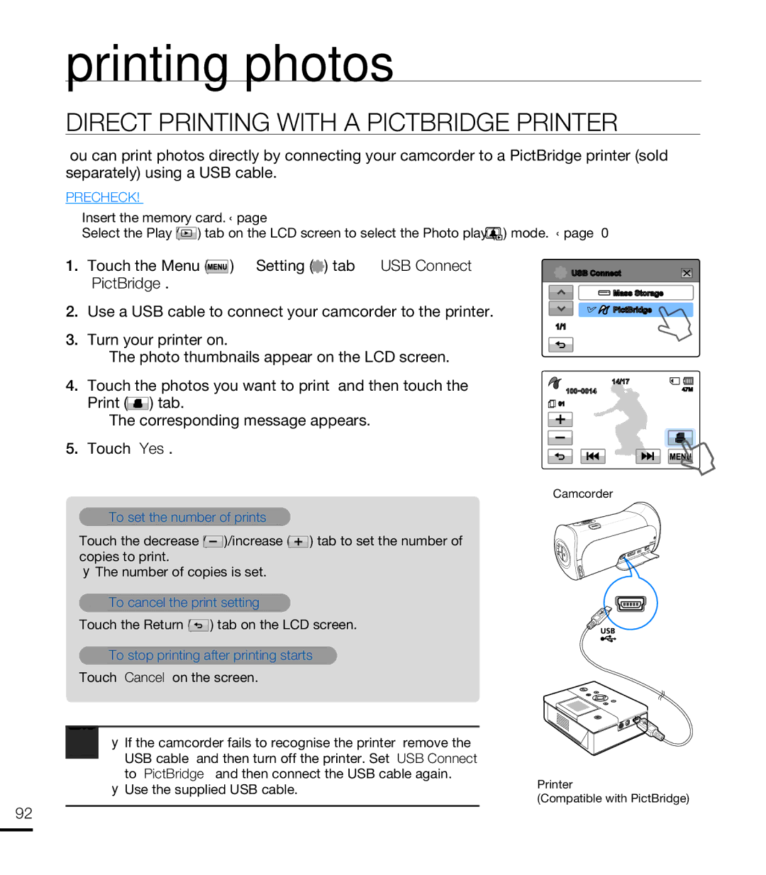 Samsung HMX-T10WP/XEU, HMX-T10WP/EDC, HMX-T10OP/EDC Printing photos, Direct Printing with a Pictbridge Printer, PictBridge 