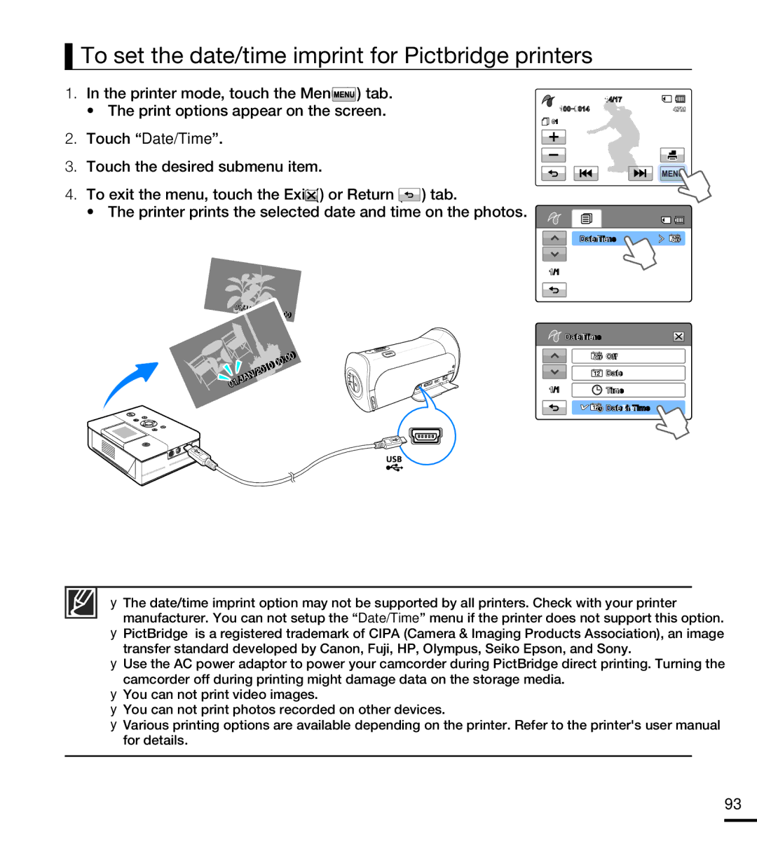 Samsung HMX-T10BP/EDC, HMX-T10WP/EDC, HMX-T10OP/EDC, HMX-T10WP/XEU manual To set the date/time imprint for Pictbridge printers 