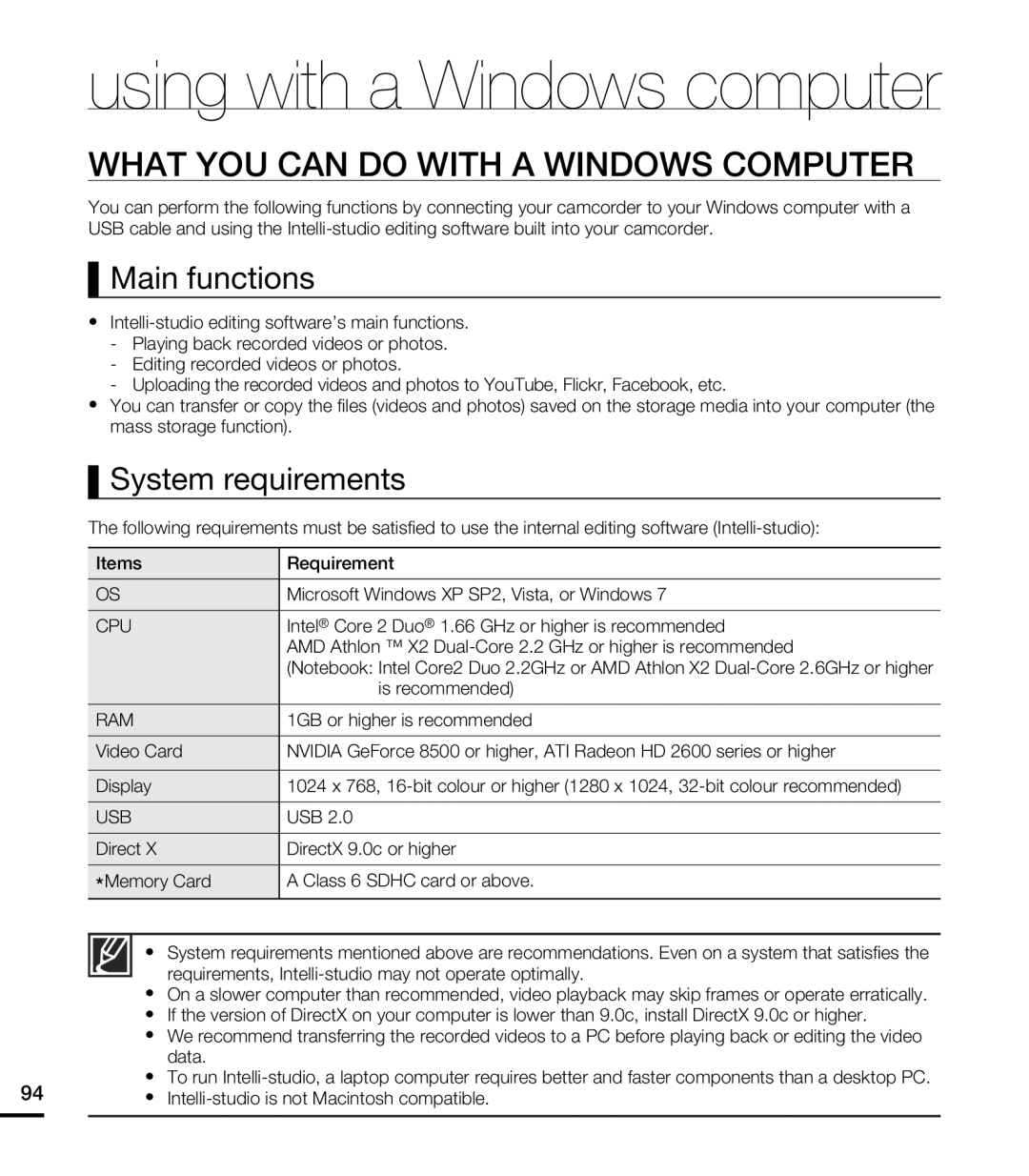 Samsung HMX-T10BP/MEA manual using with a Windows computer, What You Can Do With A Windows Computer, Main functions 