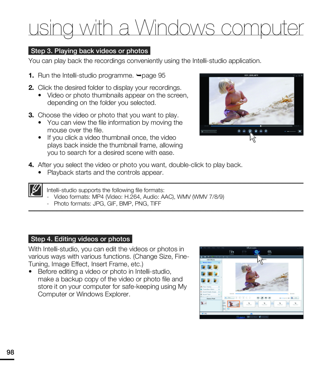 Samsung HMX-T10BP/XIL manual Playing back videos or photos, Editing videos or photos, using with a Windows computer 
