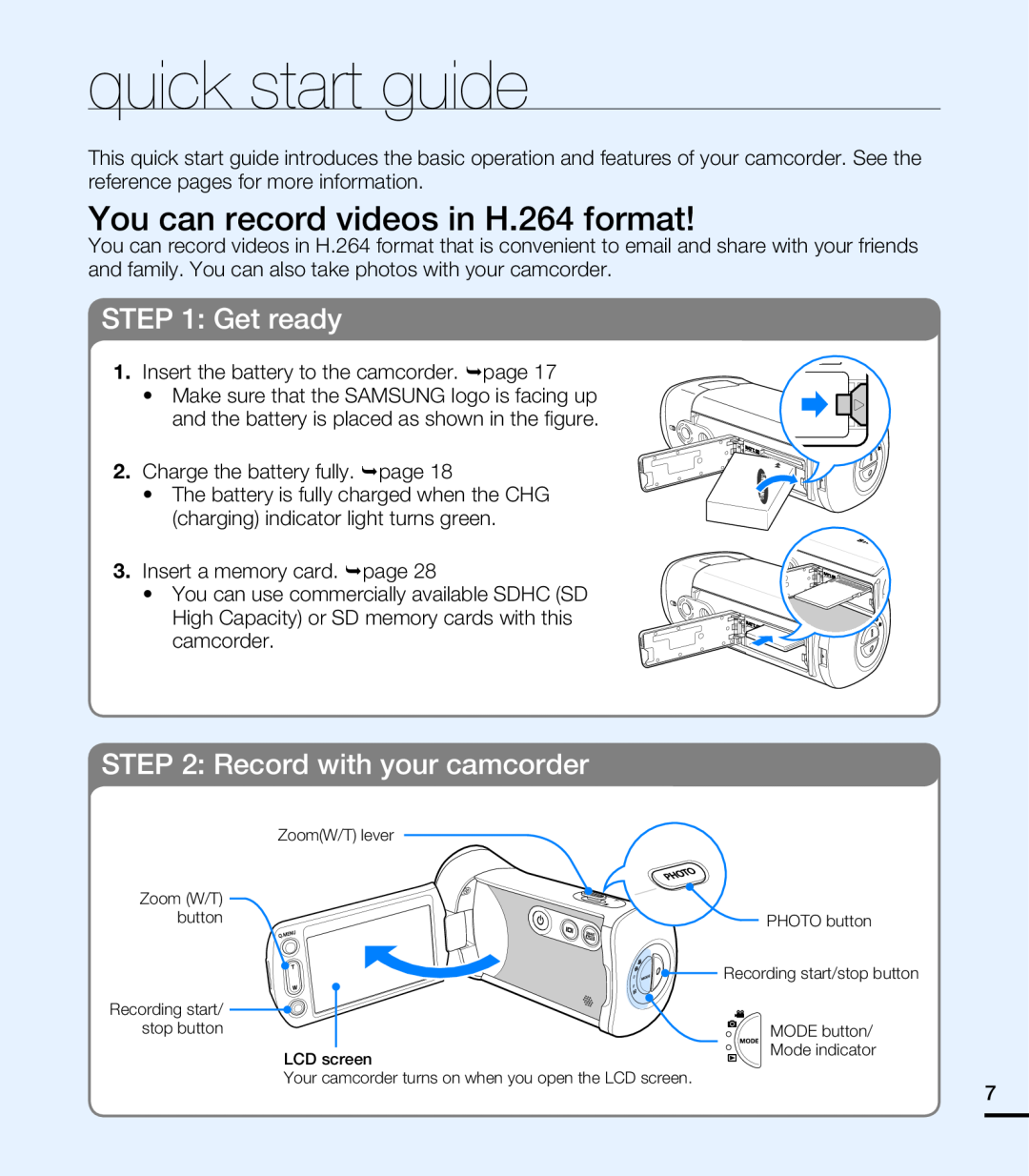 Samsung HMX-T10OP/EDC quick start guide, You can record videos in H.264 format, Get ready, Record with your camcorder 