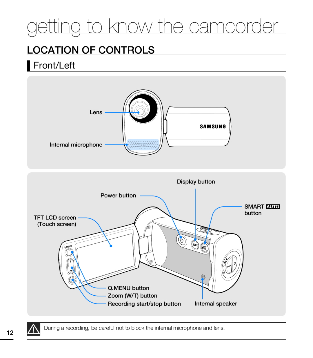 Samsung HMX-T10OP/XER Location Of Controls, Front/Left, getting to know the camcorder, SMART AUTO button, Q.MENU button 