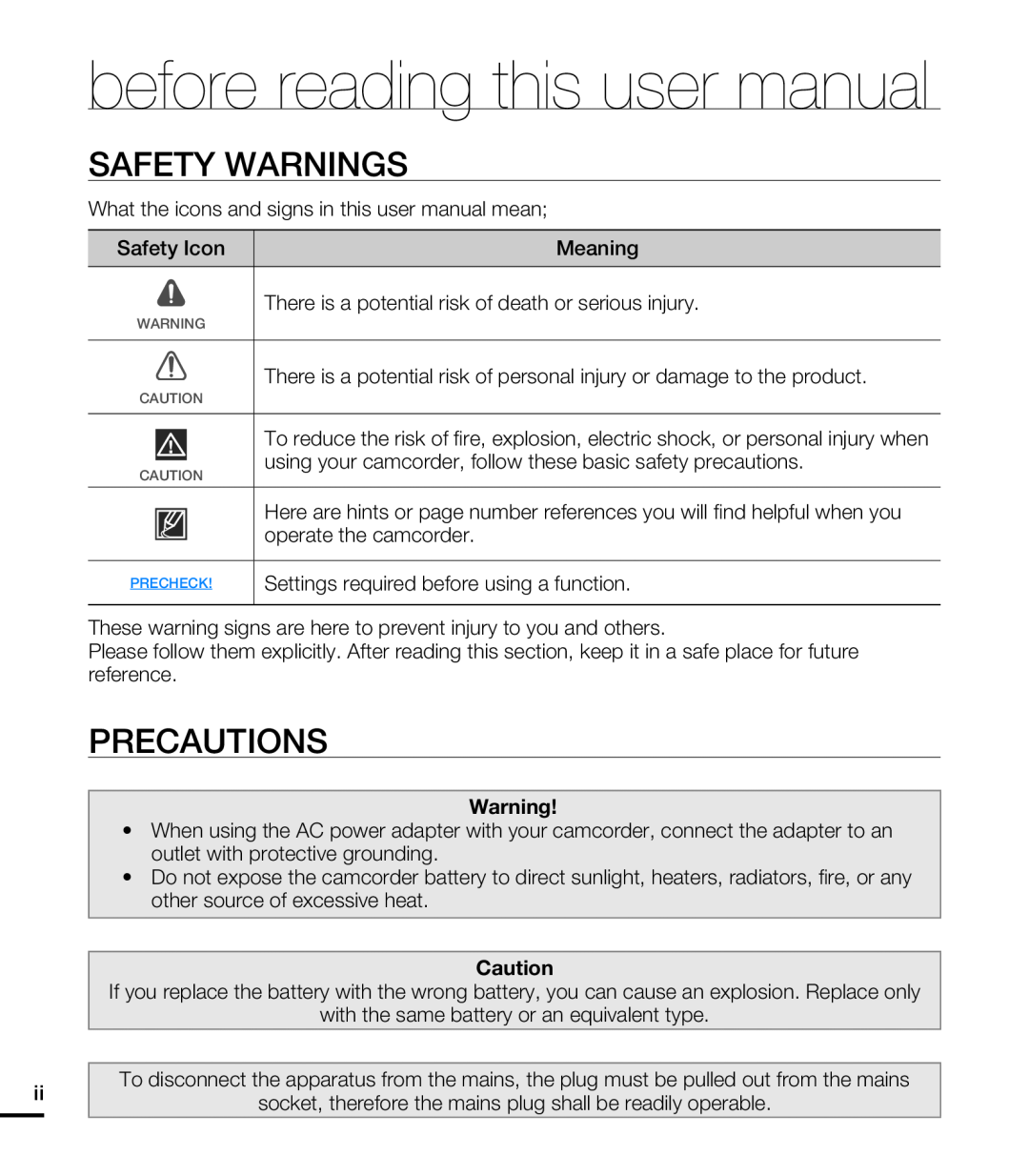 Samsung HMX-T10WP/XEU, HMX-T10WP/EDC, HMX-T10OP/EDC before reading this user manual, Safety Warnings, Precautions 