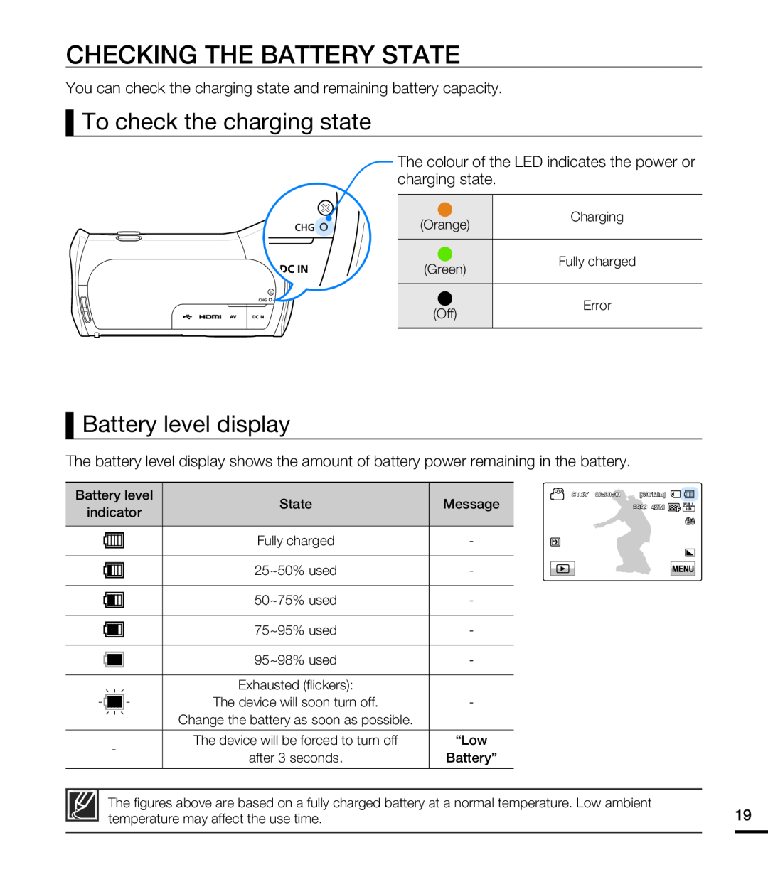 Samsung HMX-T10OP/EDC, HMX-T10WP/EDC manual Checking The Battery State, To check the charging state, Battery level display 