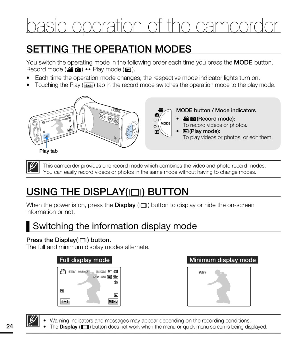 Samsung HMX-T10OP/XER manual Setting The Operation Modes, Using The Display Button, Switching the information display mode 