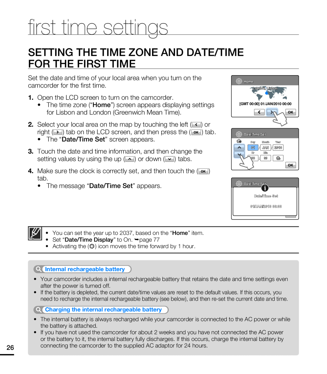Samsung HMX-T10BP/XIL, HMX-T10WP/EDC manual ﬁ rst time settings, Setting The Time Zone And Date/Time For The First Time 
