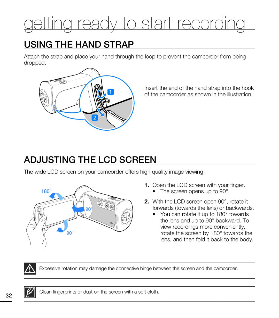 Samsung HMX-T10WP/XEU, HMX-T10WP/EDC manual Using The Hand Strap, Adjusting The Lcd Screen, getting ready to start recording 