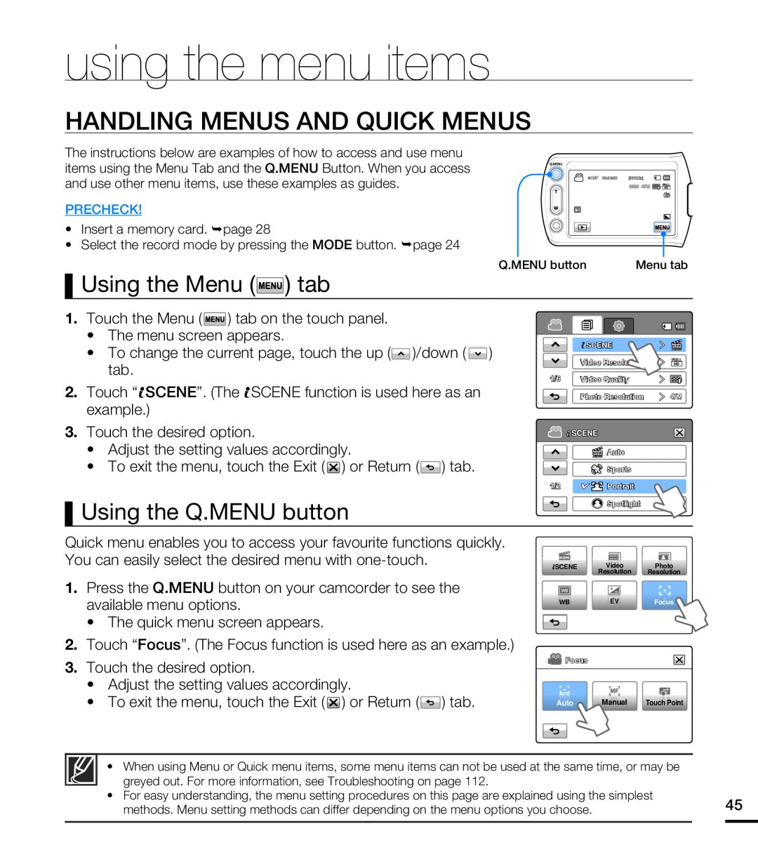 Samsung HMX-T10BP/EDC using the menu items, Handling Menus And Quick Menus, Using the Menu tab, Using the Q.MENU button 