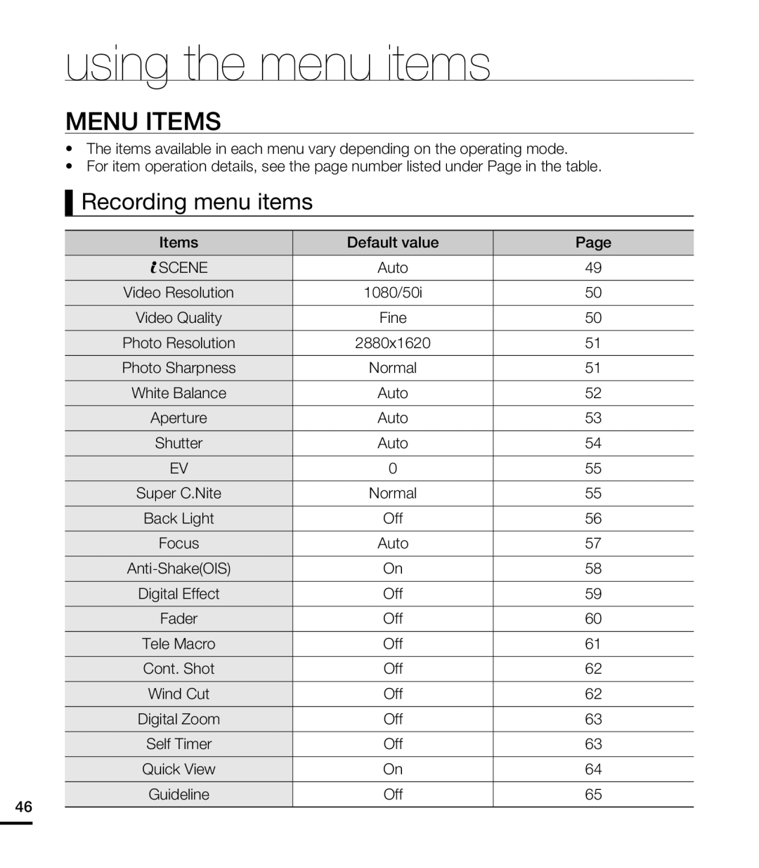 Samsung HMX-T10BP/MEA, HMX-T10WP/EDC, HMX-T10OP/EDC, HMX-T10WP/XEU Menu Items, Recording menu items, using the menu items 