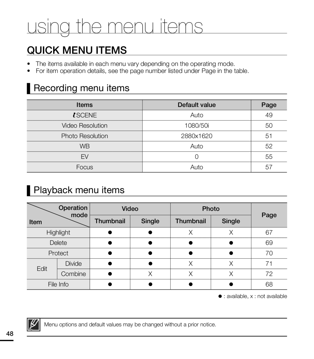 Samsung HMX-T10OP/XER, HMX-T10WP/EDC Quick Menu Items, using the menu items, Recording menu items, Playback menu items 