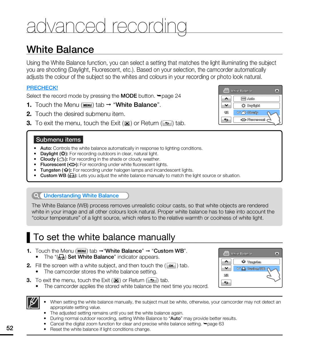 Samsung HMX-T10WP/XTR White Balance, To set the white balance manually, advanced recording, Submenu items, Precheck 