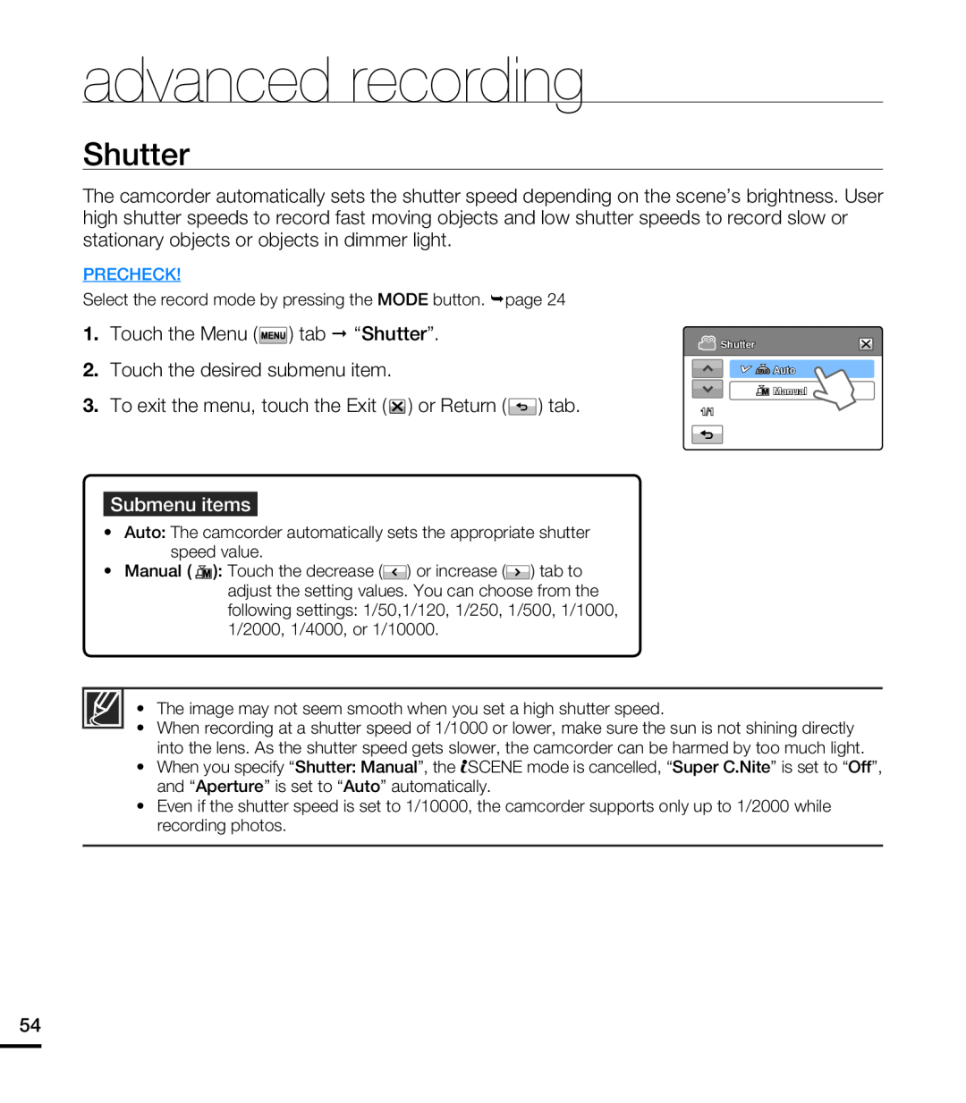 Samsung HMX-T10WP/EDC advanced recording, Touch the Menu tab Š “Shutter” 2. Touch the desired submenu item, Precheck 