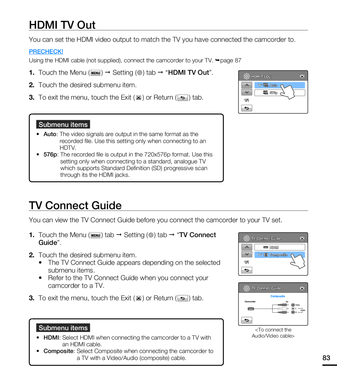 Samsung HMX-T10BP/XER, HMX-T10WP/EDC manual HDMI TV Out, TV Connect Guide, Submenu items, To connect the Audio/Video cable 