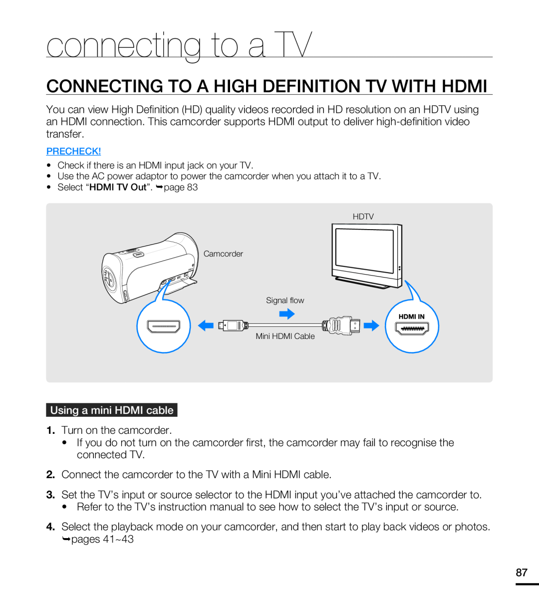 Samsung HMX-T10WP/XIL manual connecting to a TV, Connecting To A High Definition Tv With Hdmi, Using a mini HDMI cable 