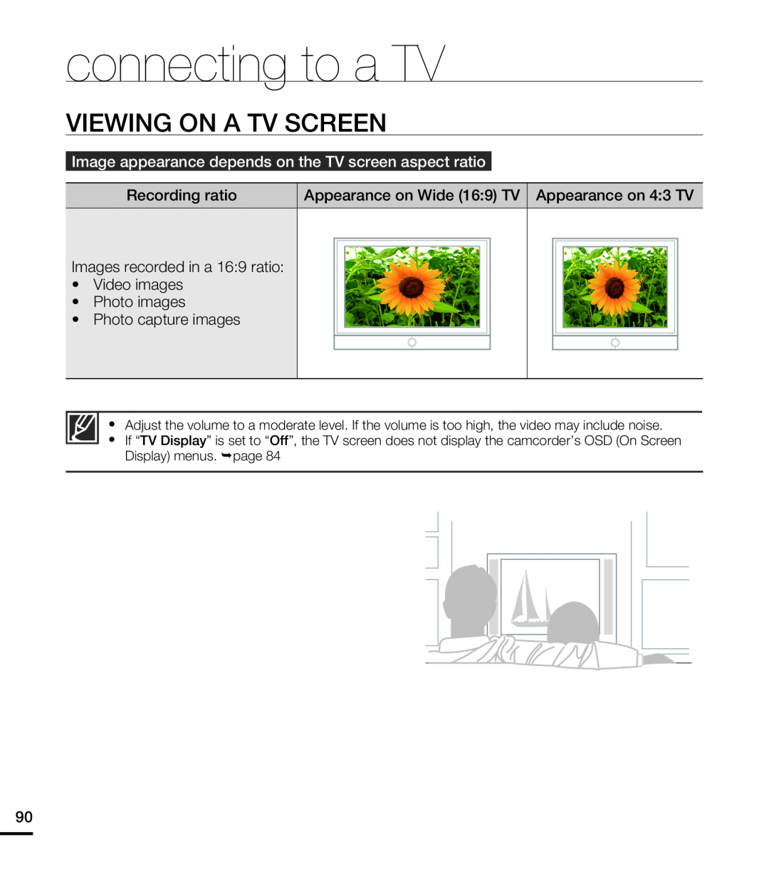 Samsung HMX-T10WP/EDC Viewing On A Tv Screen, Image appearance depends on the TV screen aspect ratio, connecting to a TV 