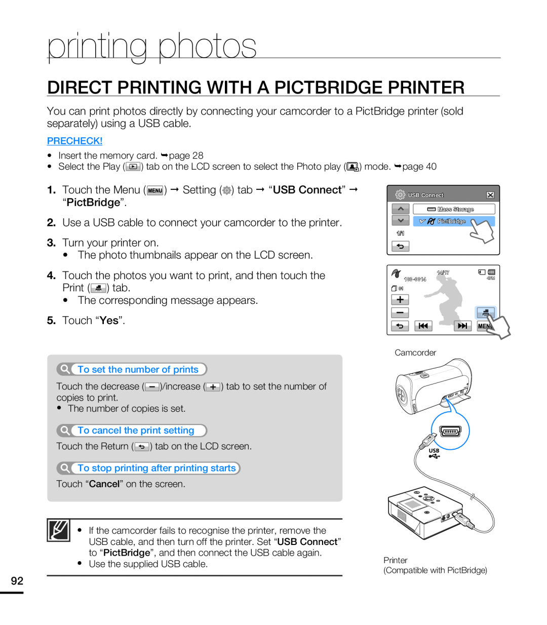 Samsung HMX-T10WP/XEU, HMX-T10WP/EDC, HMX-T10OP/EDC manual printing photos, Direct Printing With A Pictbridge Printer 
