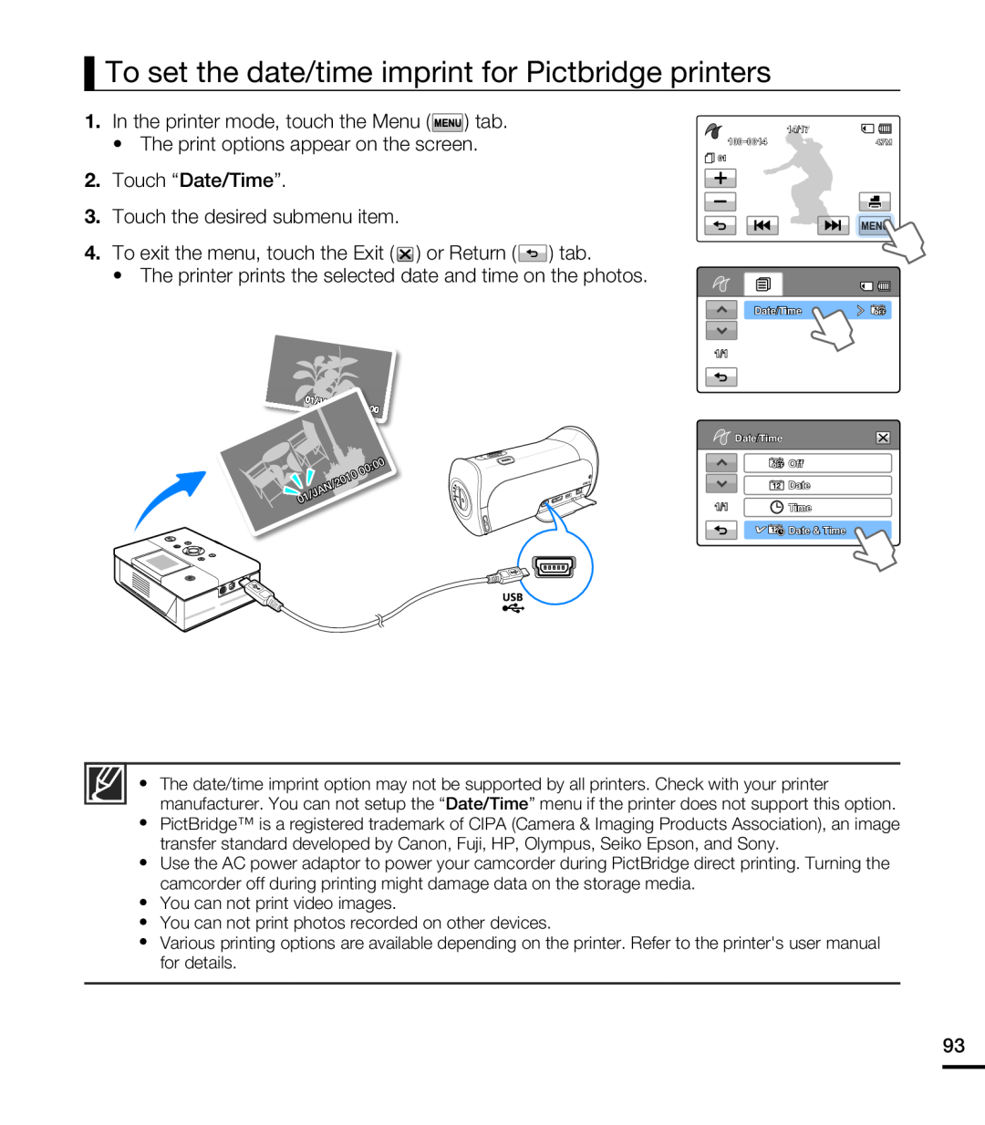 Samsung HMX-T10BP/EDC manual To set the date/time imprint for Pictbridge printers, In the printer mode, touch the Menu tab 