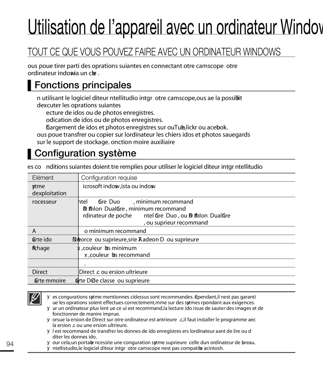 Samsung HMX-T10WP/EDC, HMX-T10OP/EDC, HMX-T10WP/XEU, HMX-T10BP/EDC manual Fonctions principales, Configuration système 