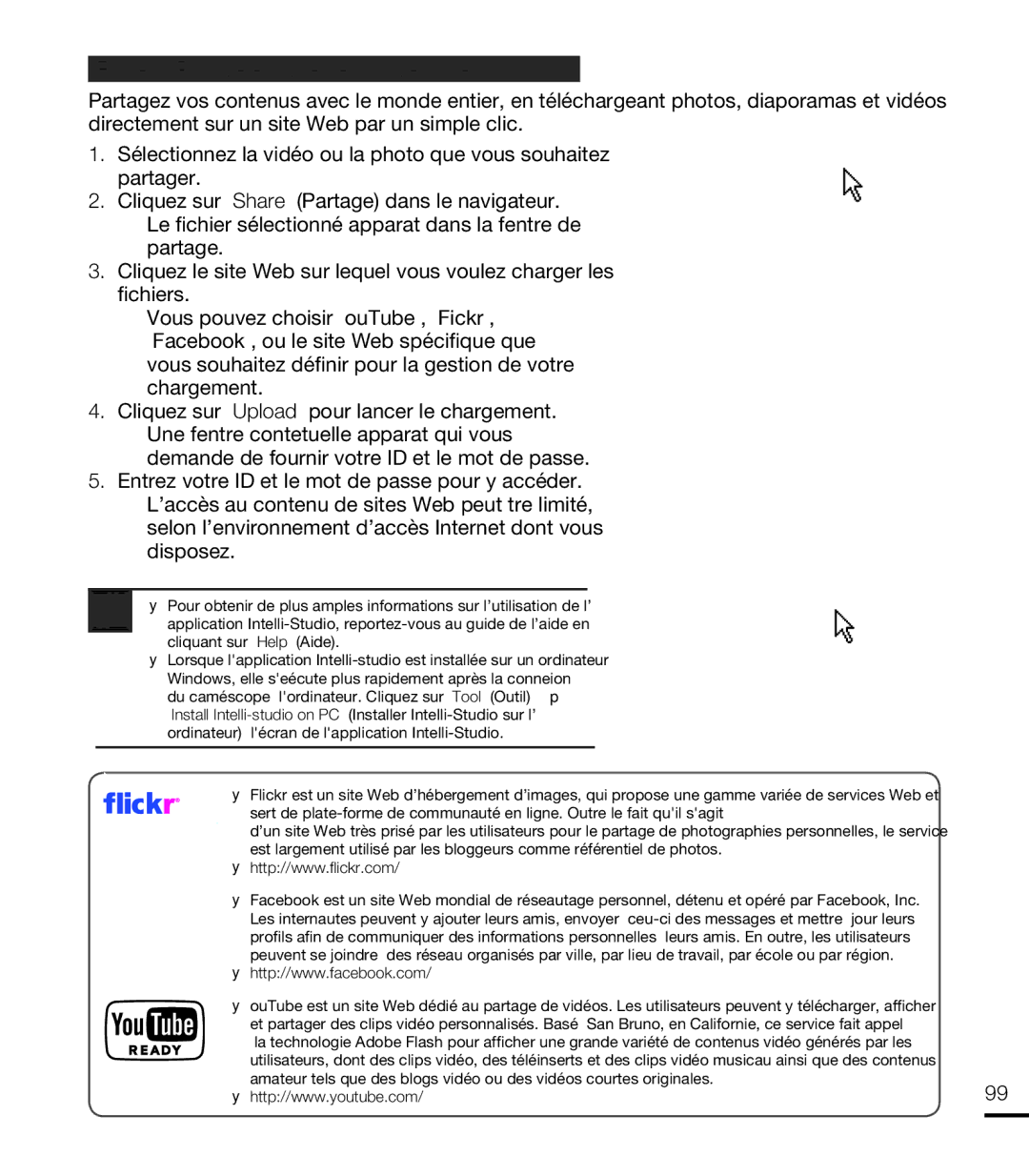 Samsung HMX-T10OP/EDC, HMX-T10WP/EDC, HMX-T10WP/XEU, HMX-T10BP/EDC manual Etape 5. Partage en ligne des images vidéo/photo 