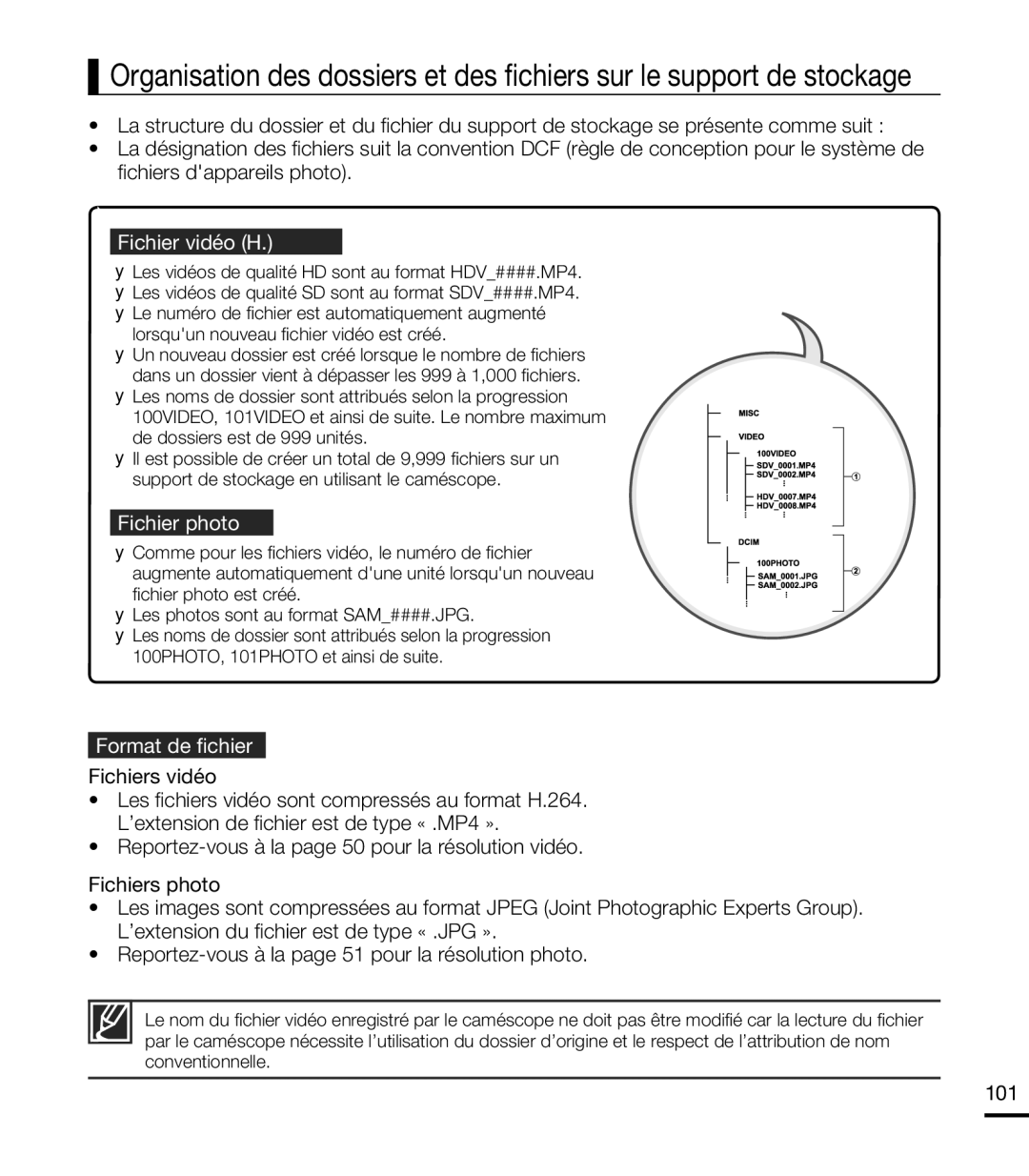 Samsung HMX-T10BP/EDC, HMX-T10WP/EDC, HMX-T10OP/EDC manual Fichier vidéo H.264 ➀, Fichier photo ➁, Format de ﬁchier, 101 