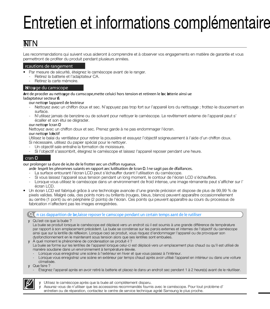 Samsung HMX-T10BP/EDC, HMX-T10WP/EDC, HMX-T10OP/EDC, HMX-T10WP/XEU manual Entretien, 113 