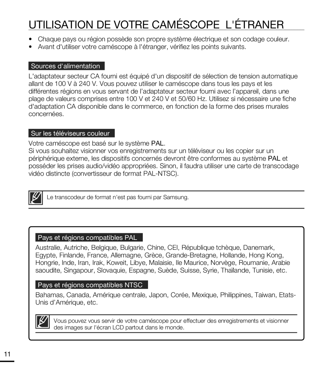 Samsung HMX-T10WP/EDC manual Utilisation DE Votre Caméscope À Létranger, Sources dalimentation, Sur les téléviseurs couleur 