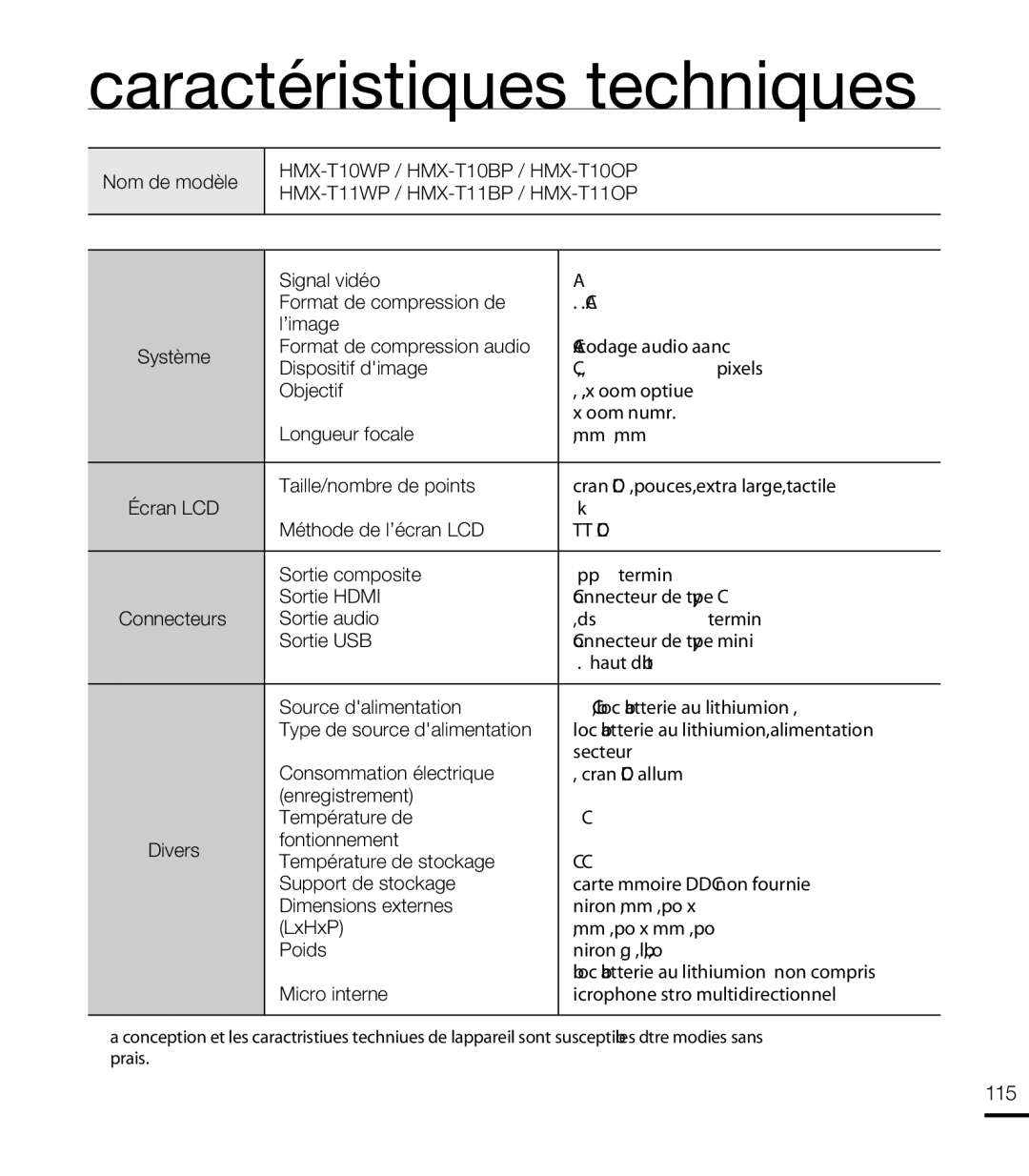 Samsung HMX-T10OP/EDC, HMX-T10WP/EDC, HMX-T10WP/XEU, HMX-T10BP/EDC manual Caractéristiques techniques, 115 