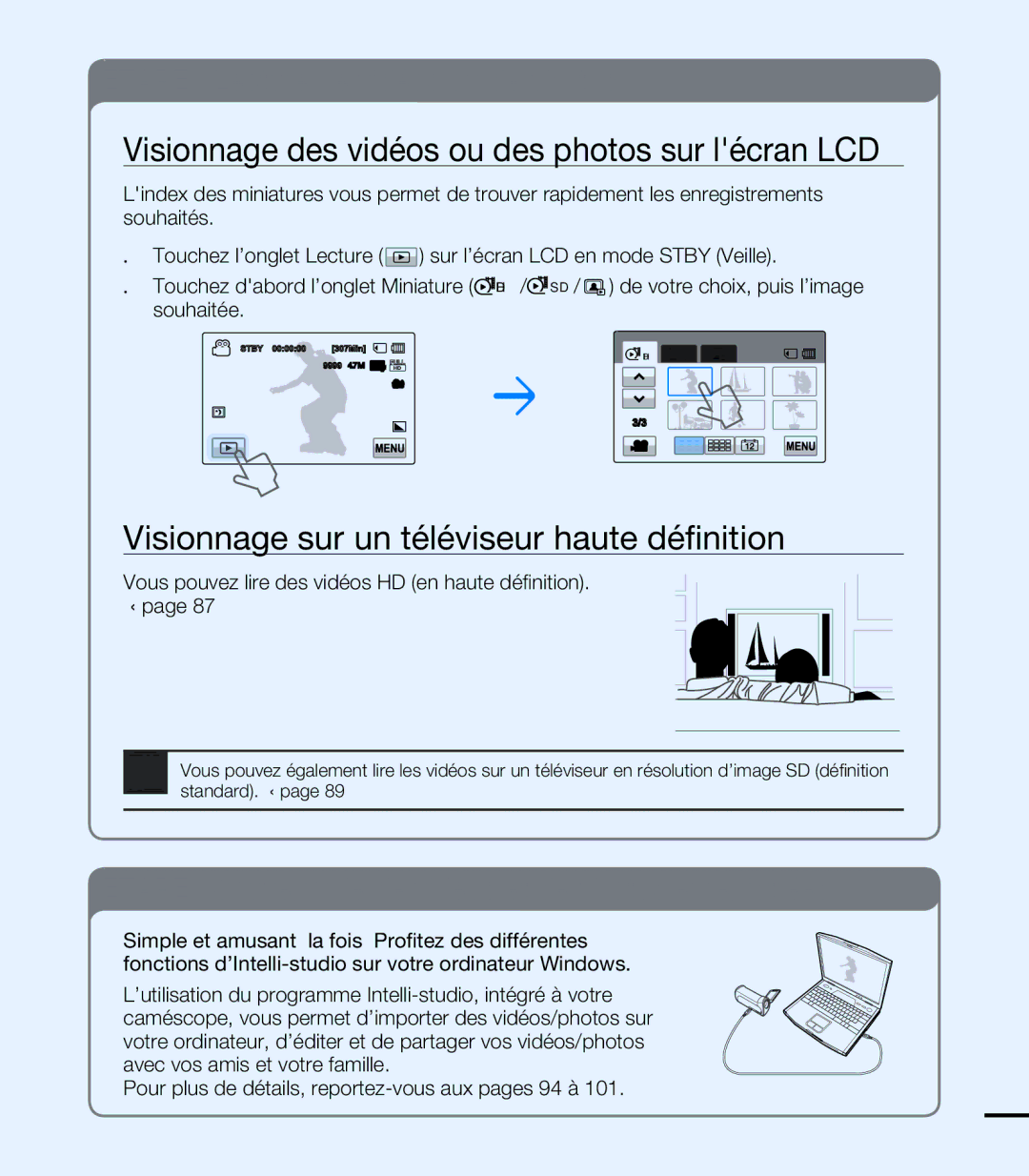 Samsung HMX-T10BP/EDC Visionnage des vidéos ou des photos sur lécran LCD, Visionnage sur un téléviseur haute défi nition 