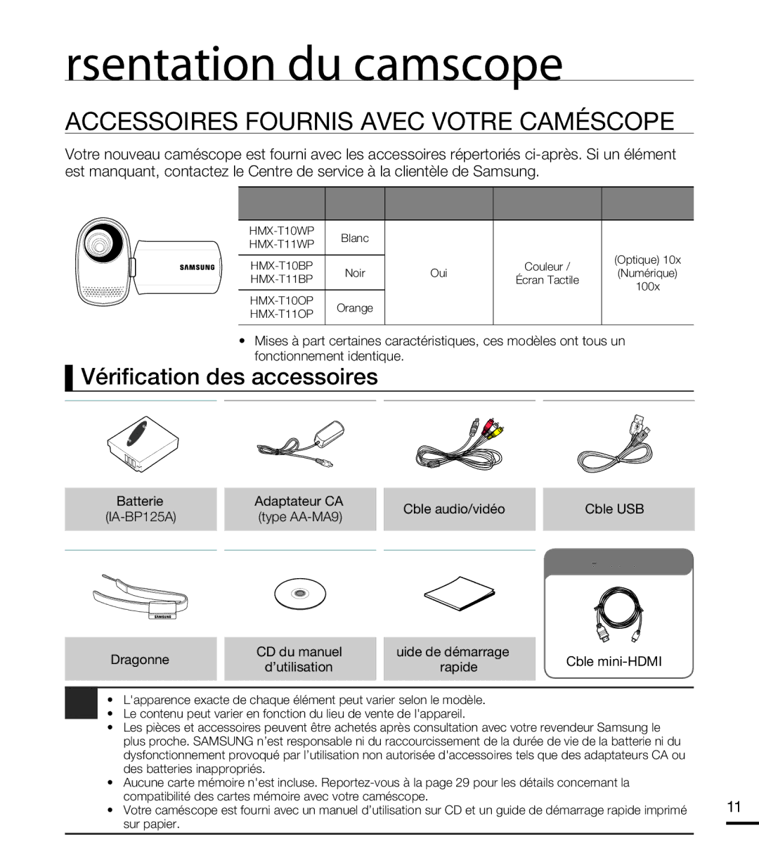 Samsung HMX-T10OP/EDC Présentation du caméscope, Accessoires Fournis Avec Votre Caméscope, Vérifi cation des accessoires 