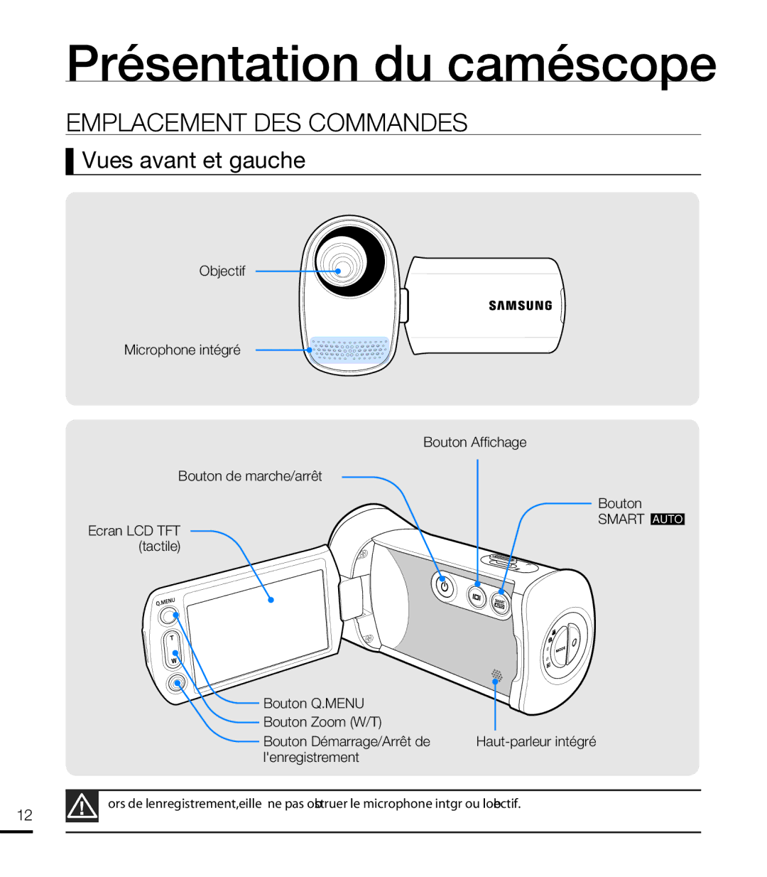 Samsung HMX-T10WP/XEU, HMX-T10WP/EDC, HMX-T10OP/EDC, HMX-T10BP/EDC manual Emplacement DES Commandes, Vues avant et gauche 