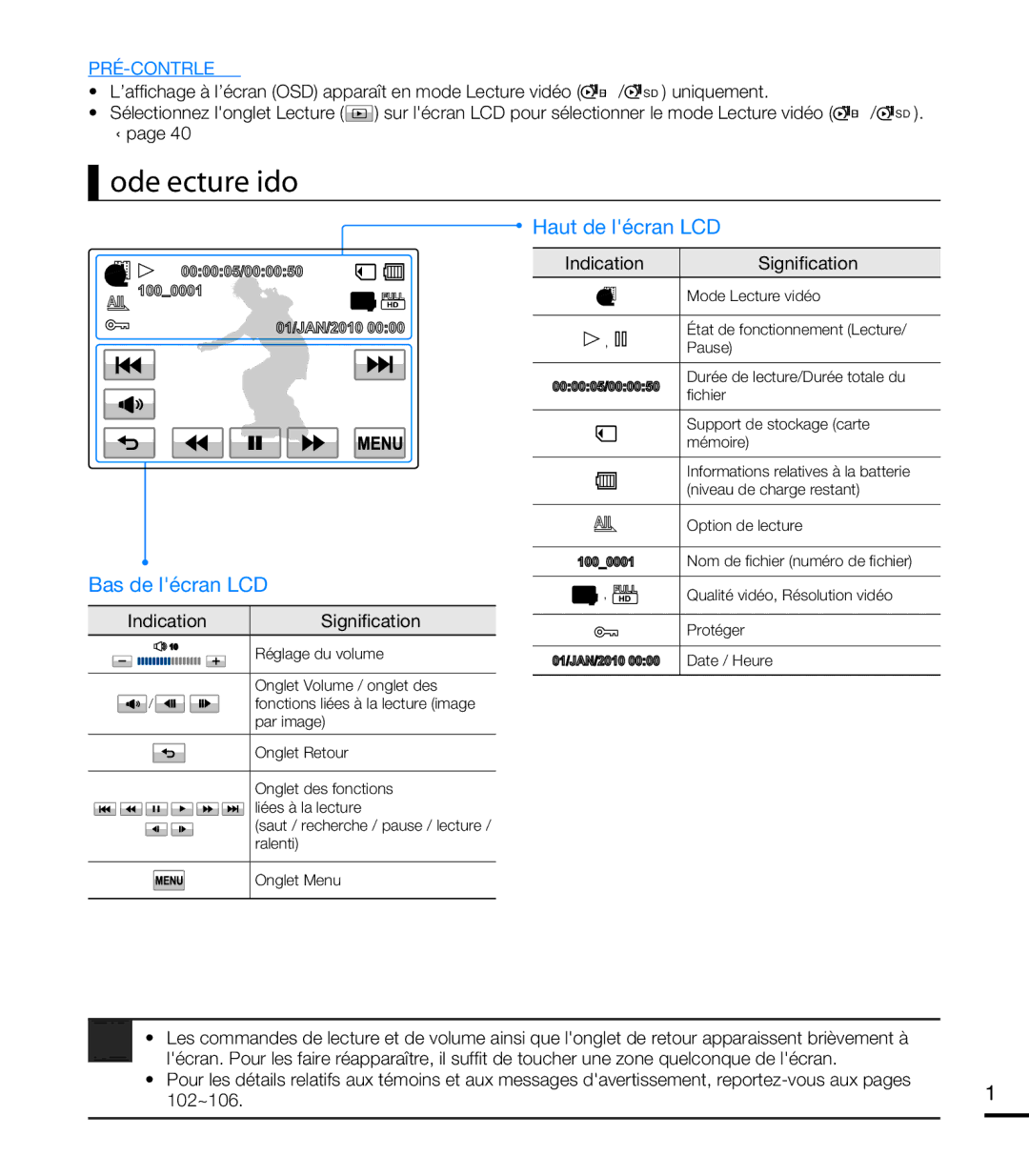 Samsung HMX-T10OP/EDC, HMX-T10WP/EDC, HMX-T10WP/XEU, HMX-T10BP/EDC manual Mode Lecture vidéo, Bas de lécran LCD 