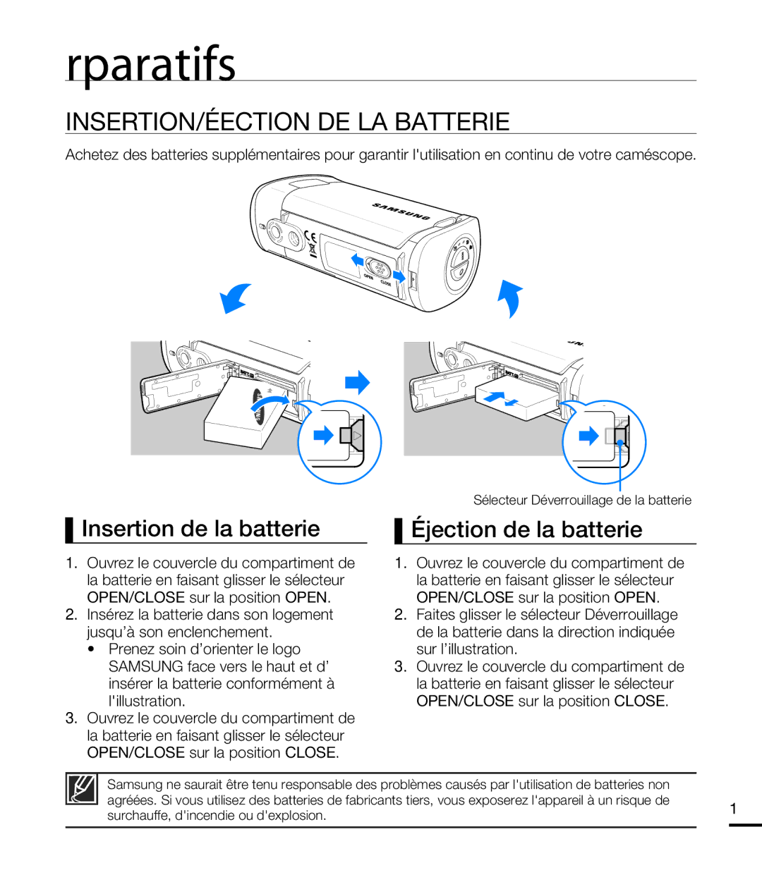 Samsung HMX-T10BP/EDC Préparatifs, INSERTION/ÉJECTION DE LA Batterie, Insertion de la batterie, Éjection de la batterie 