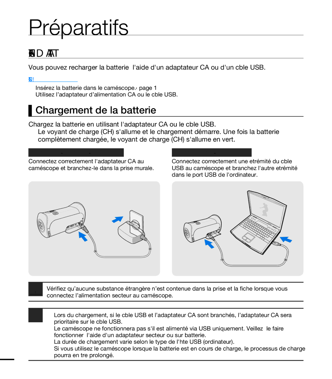 Samsung HMX-T10WP/EDC, HMX-T10OP/EDC, HMX-T10WP/XEU, HMX-T10BP/EDC manual Chargement DE LA Batterie, Chargement de la batterie 