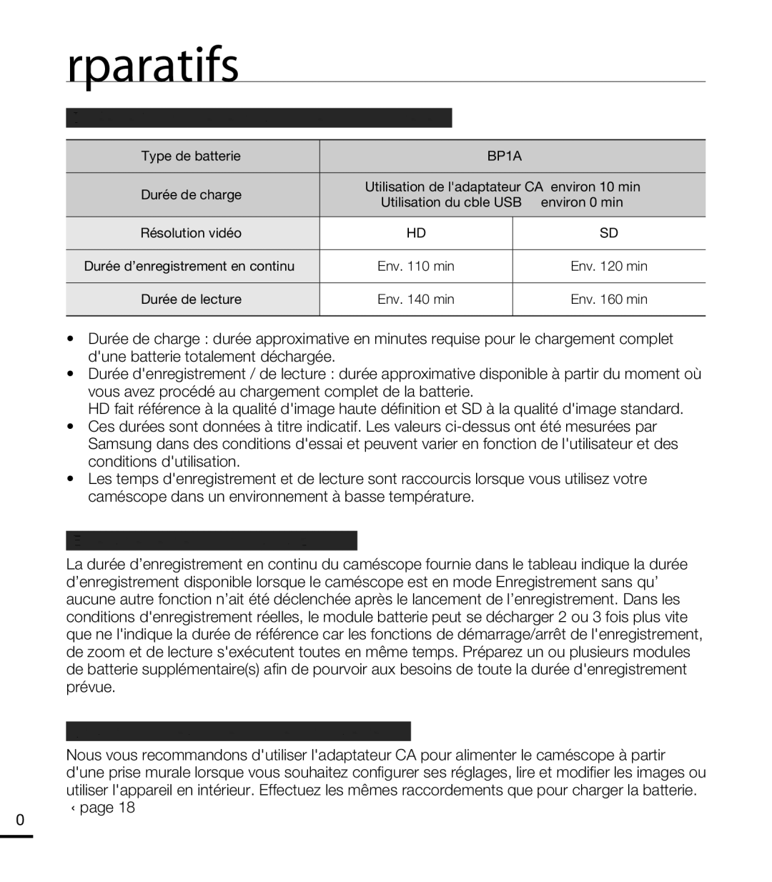 Samsung HMX-T10WP/XEU manual Durée de fonctionnement disponible pour la batterie, Enregistrement en continu sans zoom 