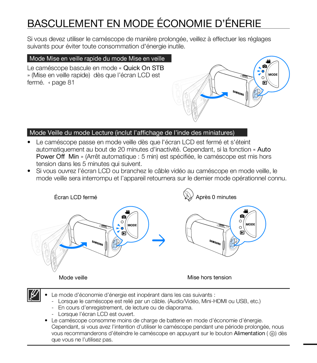 Samsung HMX-T10OP/EDC manual Basculement EN Mode Économie D’ÉNERGIE, Mode Mise en veille rapide du mode Mise en veille 