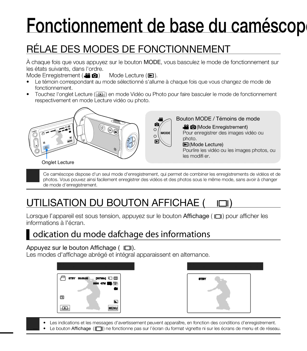 Samsung HMX-T10WP/XEU, HMX-T10WP/EDC, HMX-T10OP/EDC Réglage DES Modes DE Fonctionnement, Utilisation DU Bouton Affichage 