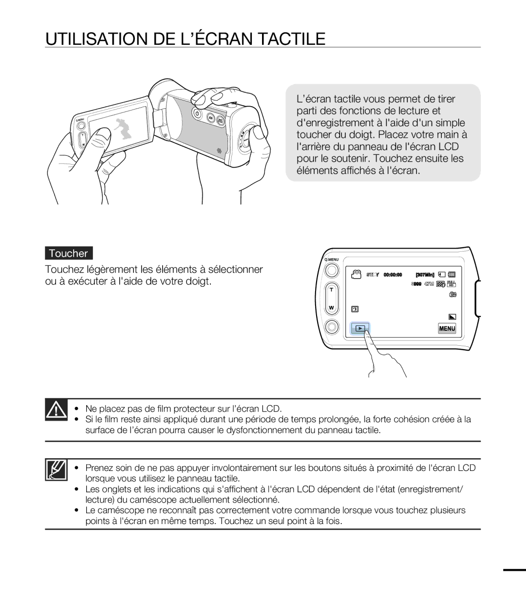 Samsung HMX-T10BP/EDC, HMX-T10WP/EDC, HMX-T10OP/EDC, HMX-T10WP/XEU manual Utilisation DE L’ÉCRAN Tactile, Toucher 